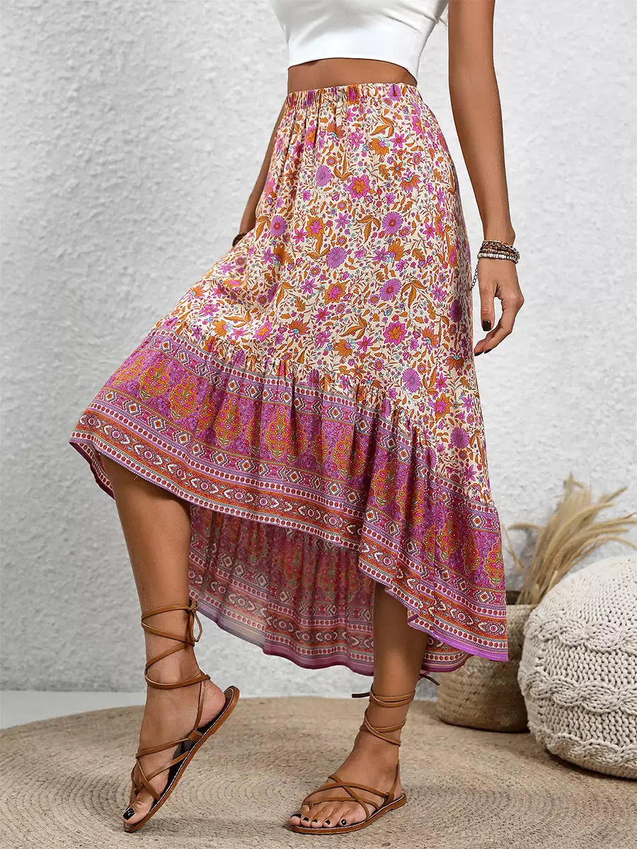 Bohemian Skirts Rose Asymmetrical Natural Waist Viscose Elegant Mid-calf Length Bottoms