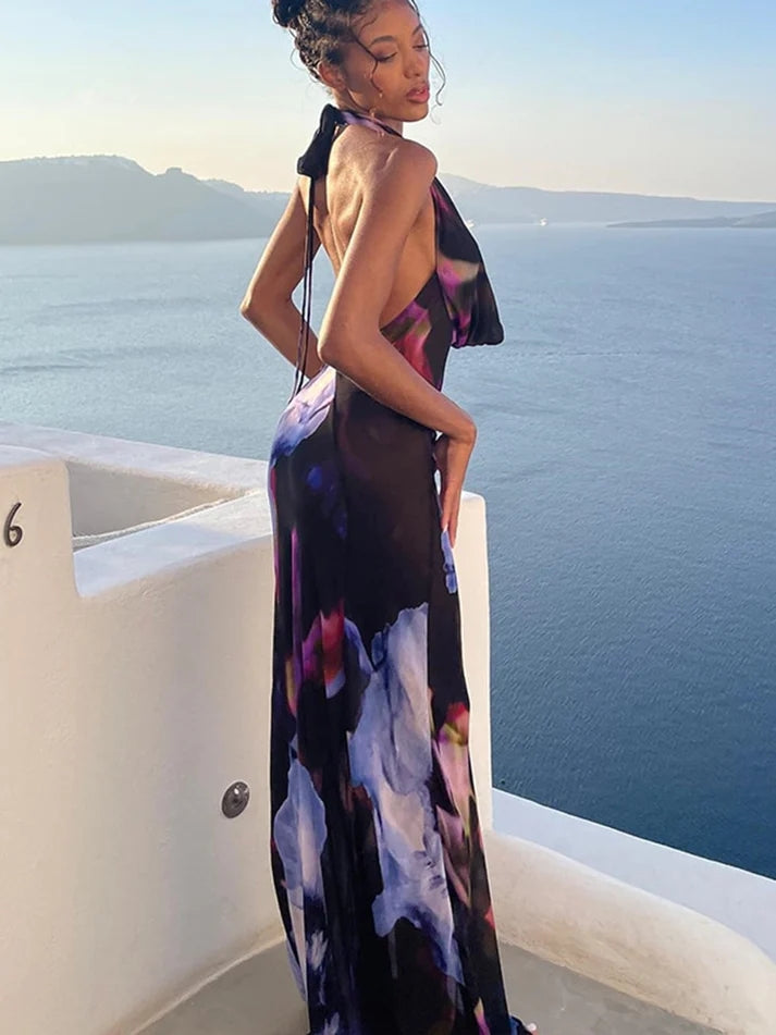 Sexy Low Back Halter Neck Floral-Print Mesh Maxi Dress