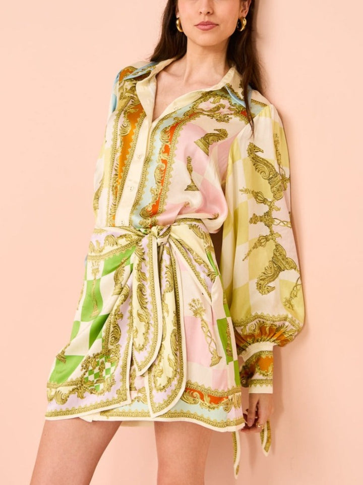 שמלת מיני קז'ואל מודפסת עם שרוול פנסים