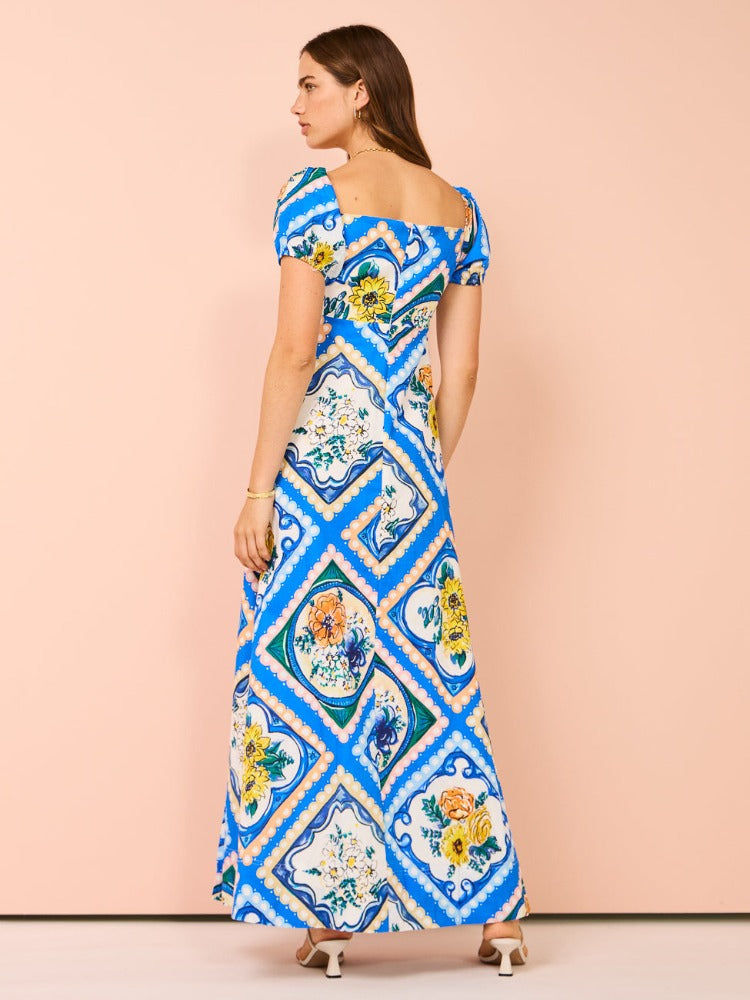 Azure Floral Kabarık Kol Maxi Elbise