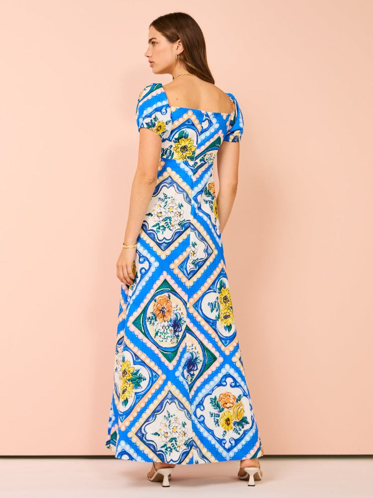 Vestido maxi manga bufante em floral azul