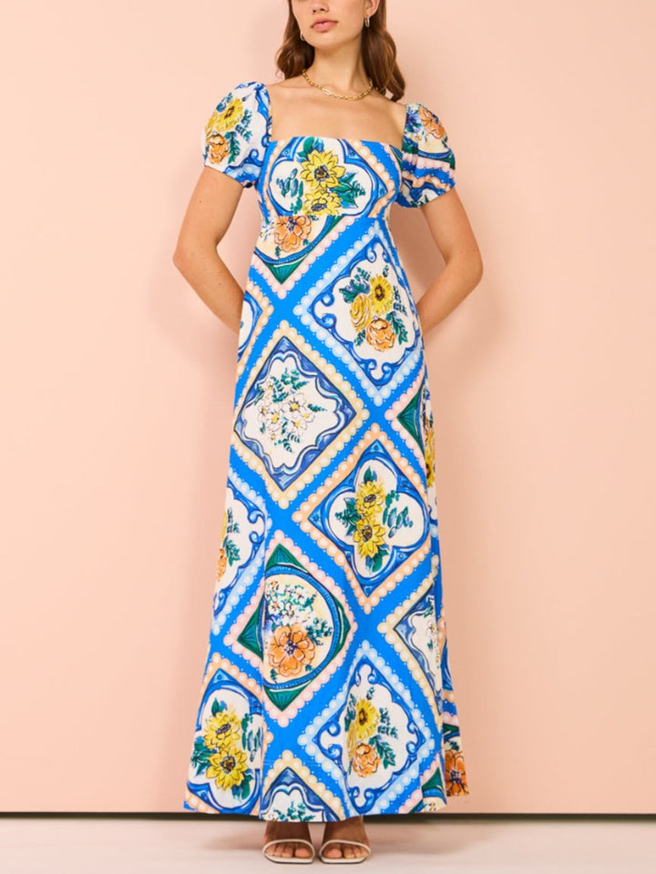 Azure Floral Kabarık Kol Maxi Elbise