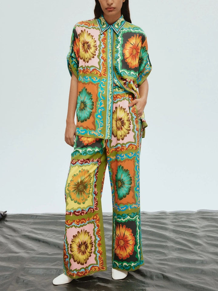 Unique Sunflower Print Wide Leg Pants Set