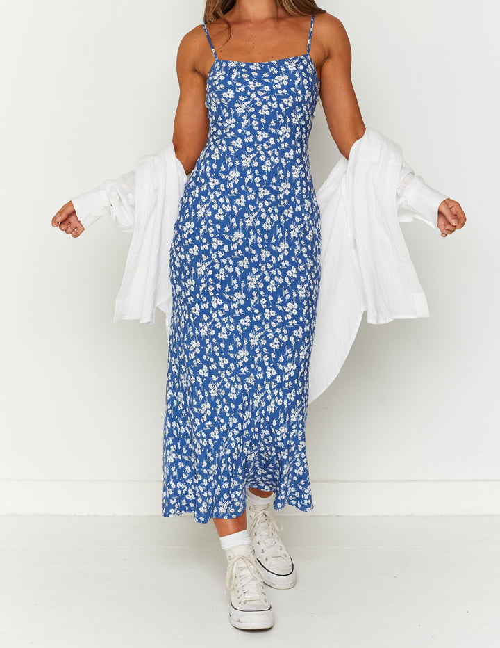 Delphine Mavi Çiçekli Midi Elbise