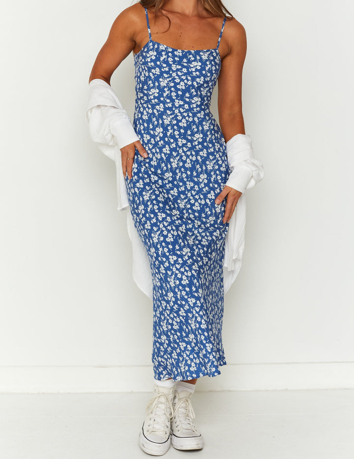 Delphine Mavi Çiçekli Midi Elbise