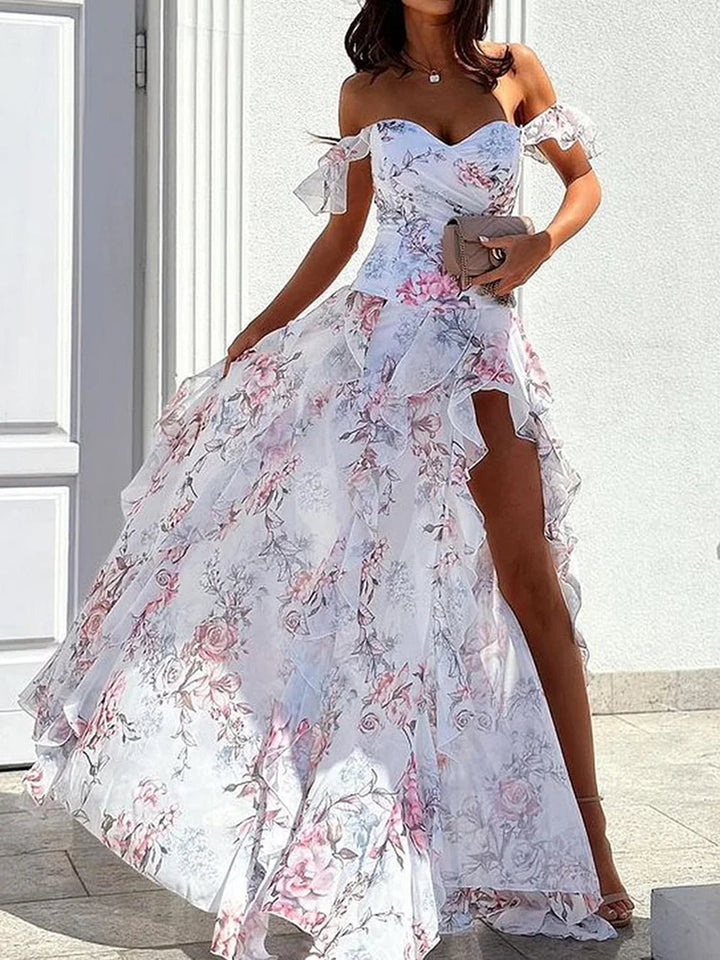 Vestido elegante estampado de um ombro