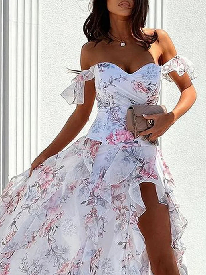 Vestido elegante estampado de um ombro