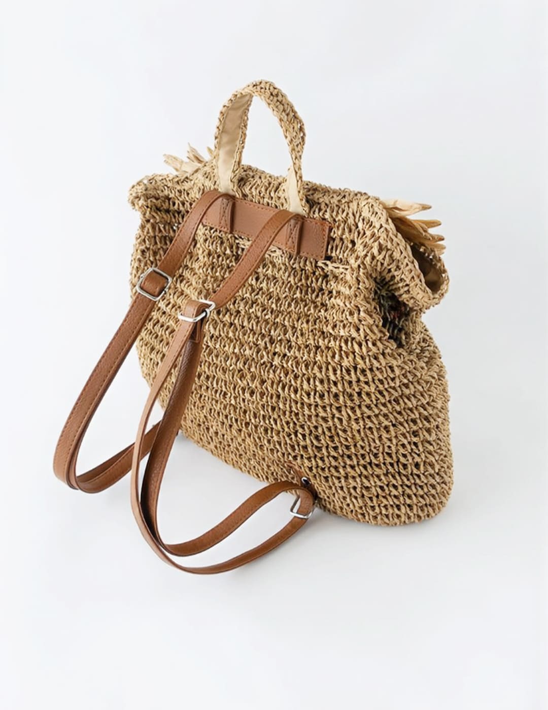 Caramel Fringed Trim Woven Straw Backpack