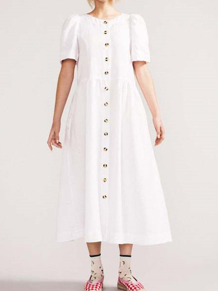 שמלת מידי פשתן צווארון V עם כיס בלבן