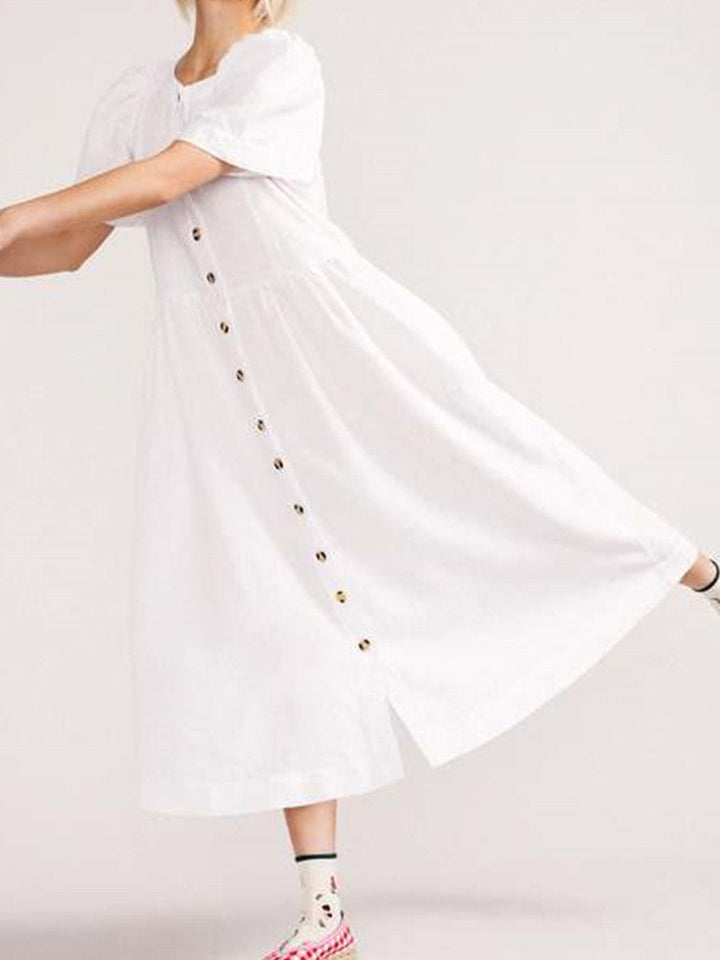V-hals linned Button-Down Midi-kjole med lomme i hvid