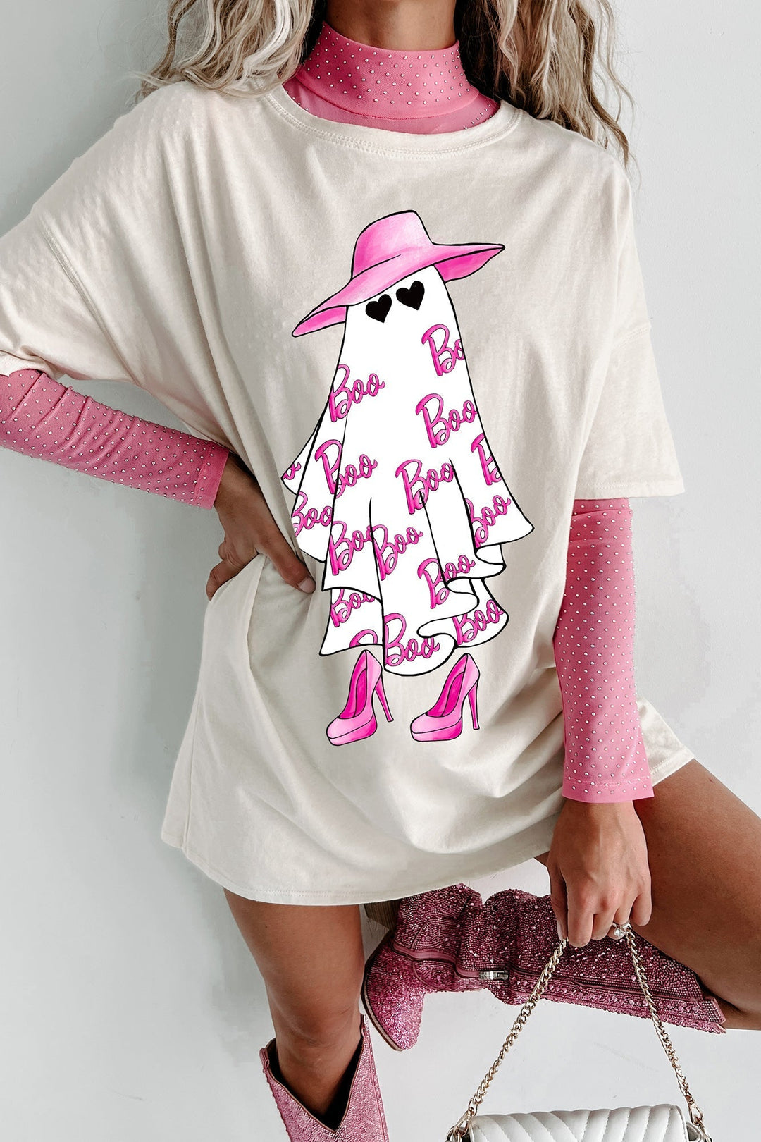 Vestido estilo camiseta extragrande con gráfico Girly Ghost (vainilla)