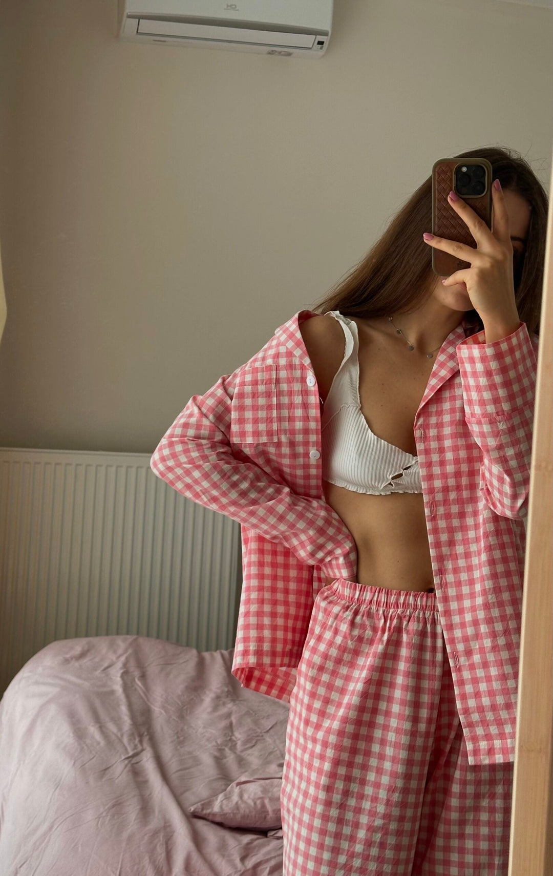 Roze geruite losse pyjamaset