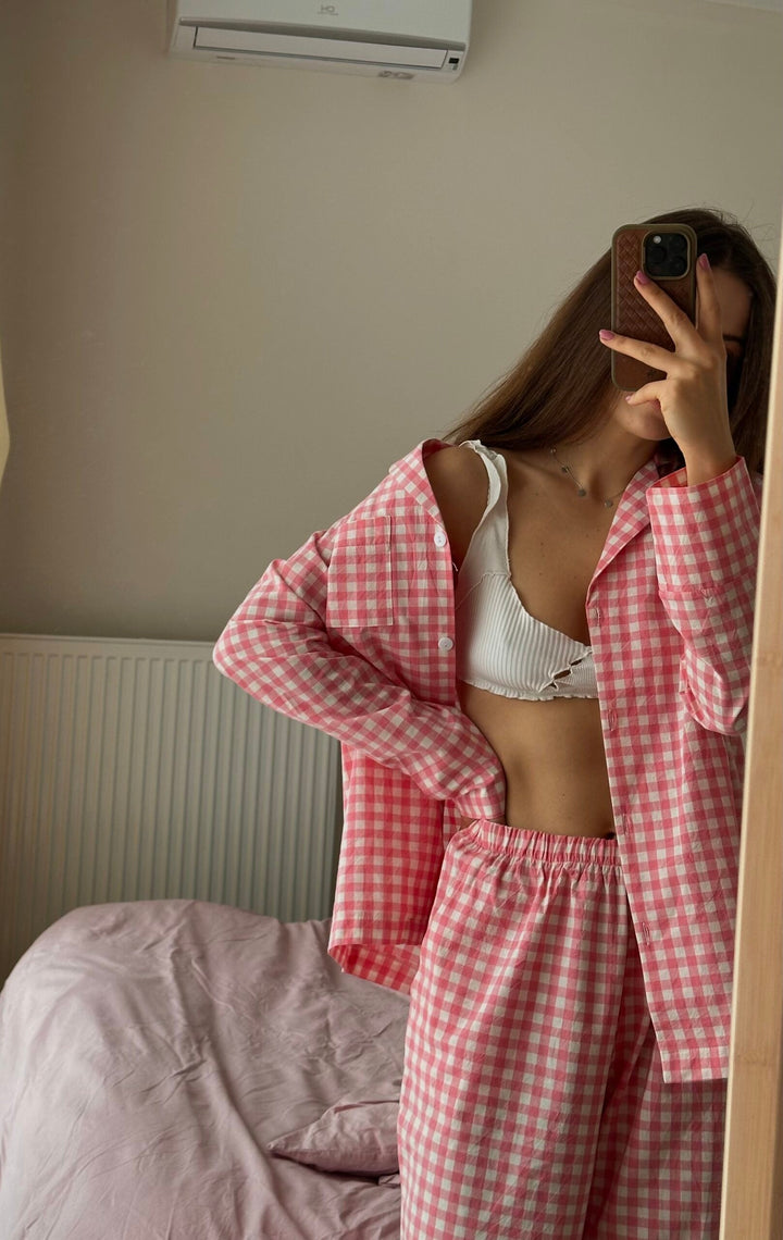 Pink Plaid Loose Pyjamas Set