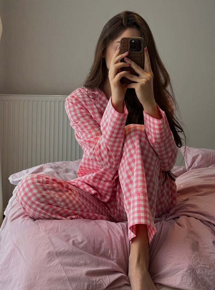 Pembe Ekose Bol Pijama Takımı