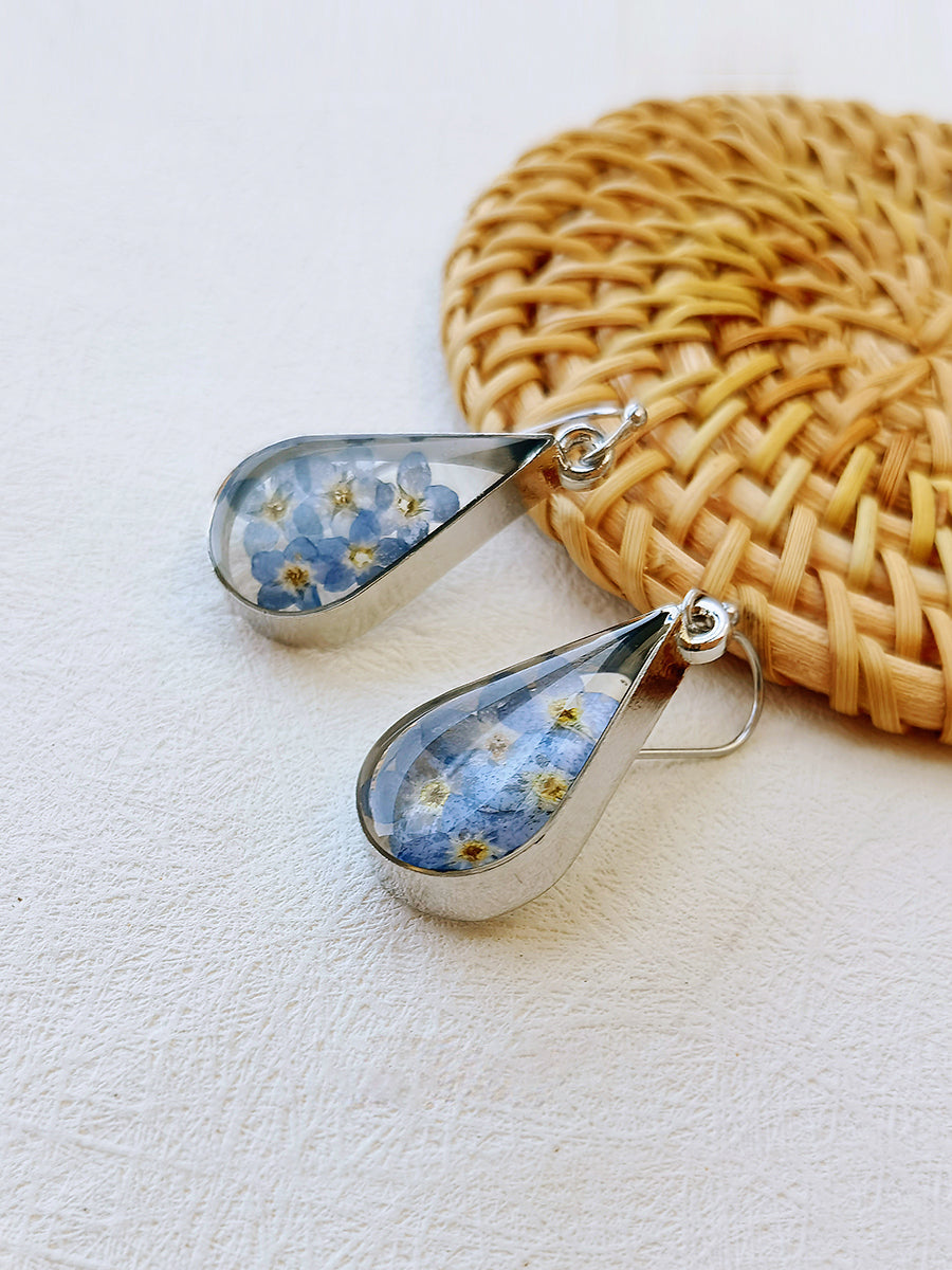 Boucles d'oreilles fleurs pressées - Goutte d'eau Forget Me Not Flower