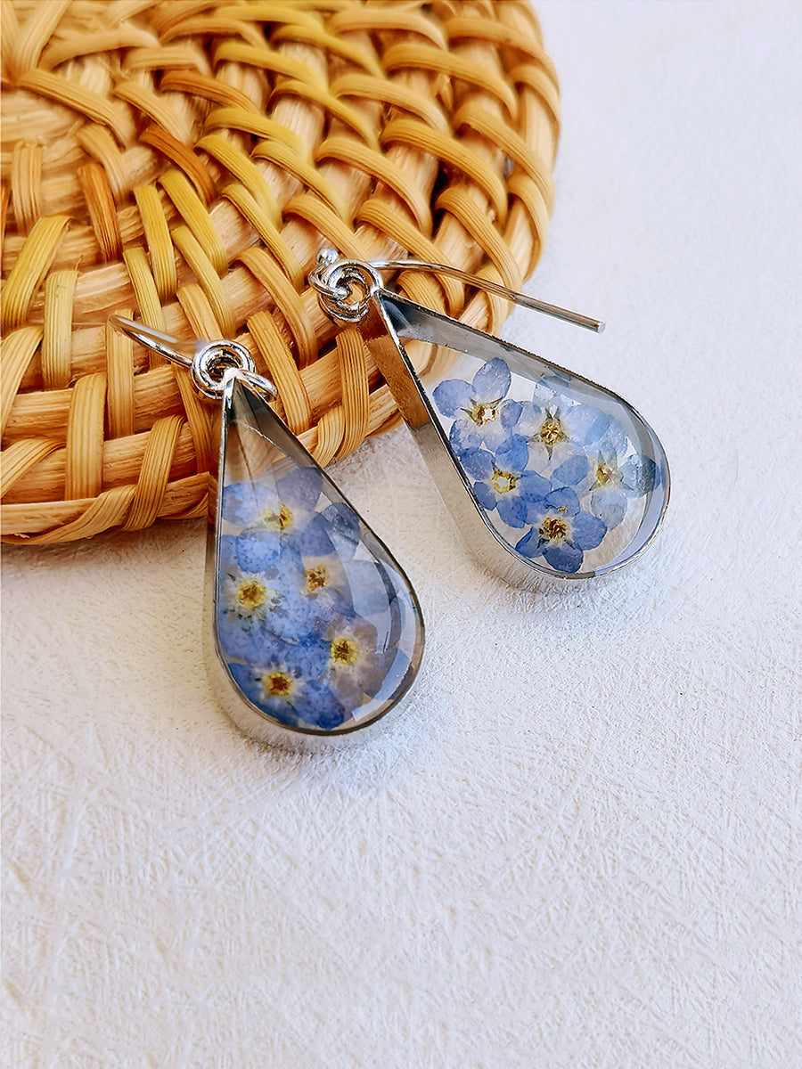 Boucles d'oreilles fleurs pressées - Goutte d'eau Forget Me Not Flower