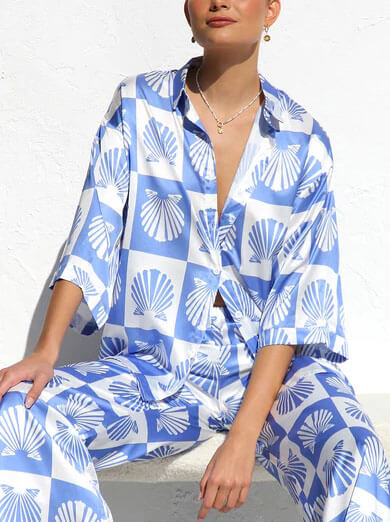 Special Satin Shell Print Button-Down Shirt Two-Pieces Set