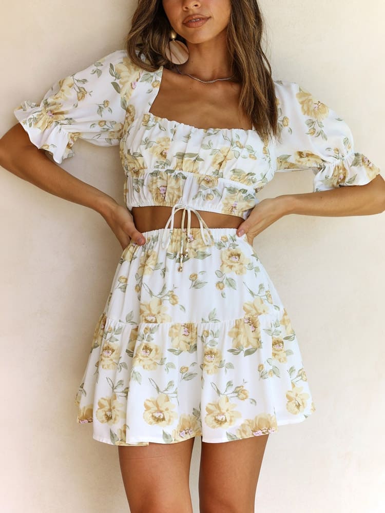 Pastel Yellow Floral Crop Top and Skirt Sets
