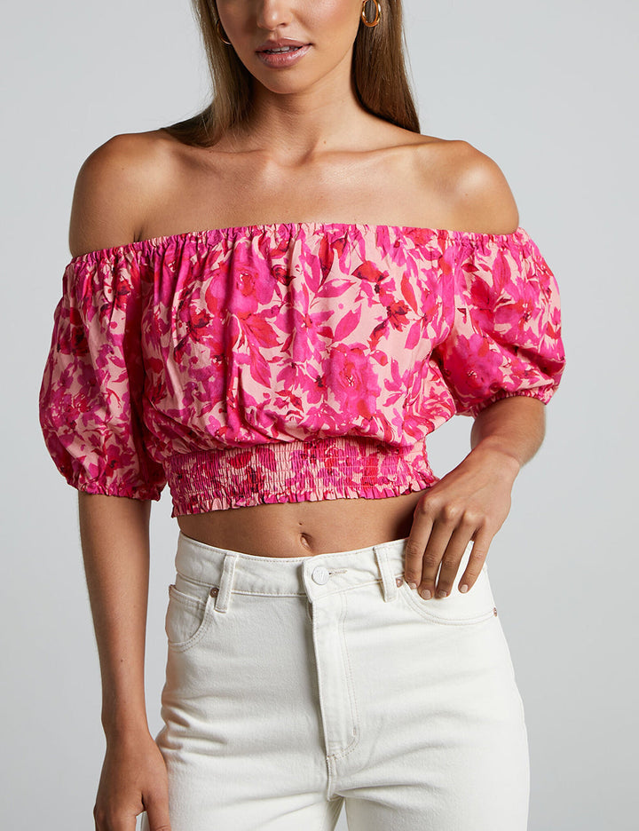 Off Shoulder Puff Sleeve Shirred Top A Pink Blummen