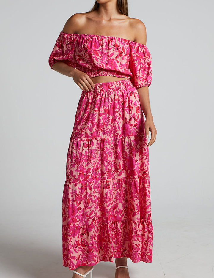 Off Shoulder Puff Sleeve Rynket Top I Pink Floral