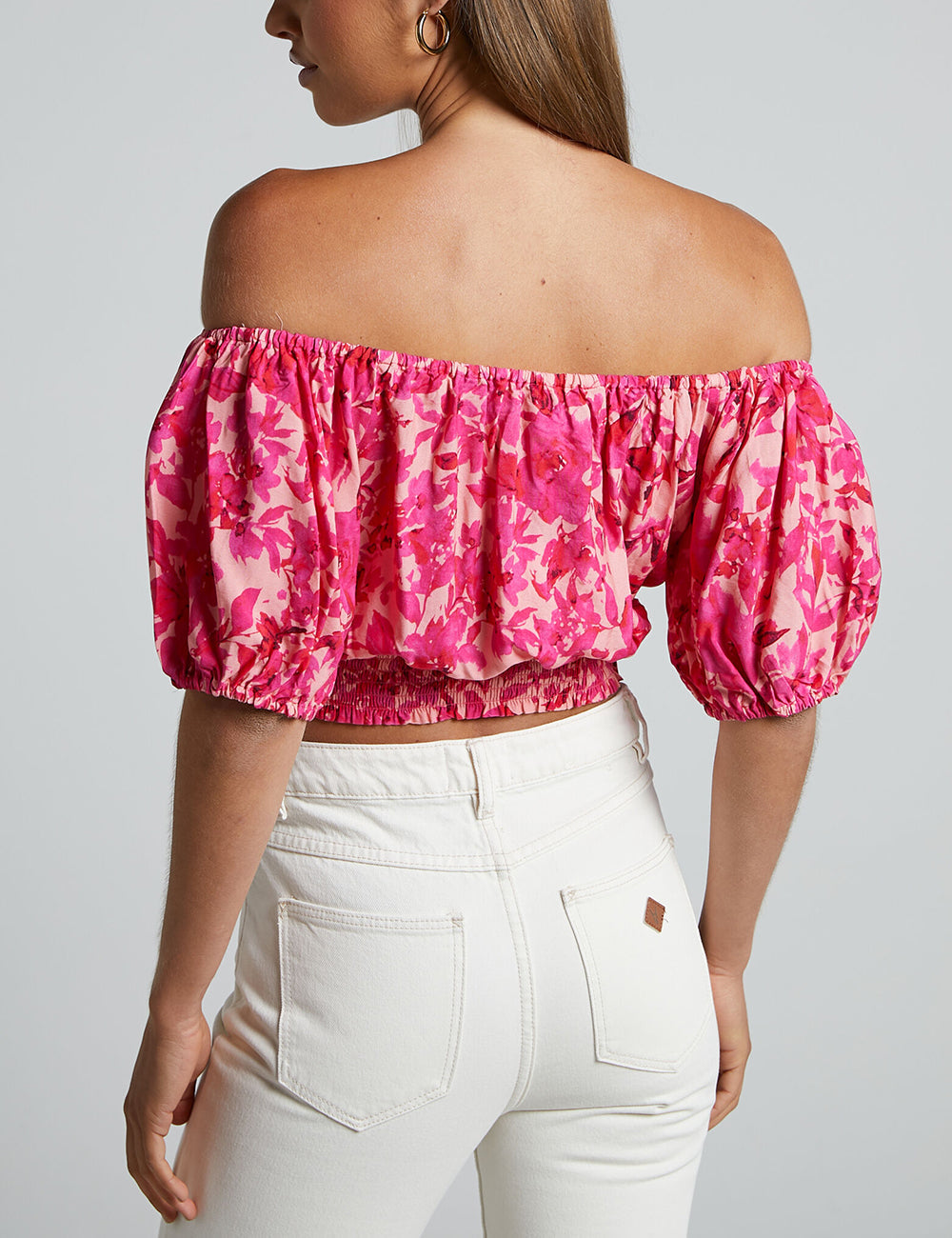 Off Shoulder Puff Sleeve Shirred Top A Pink Blummen