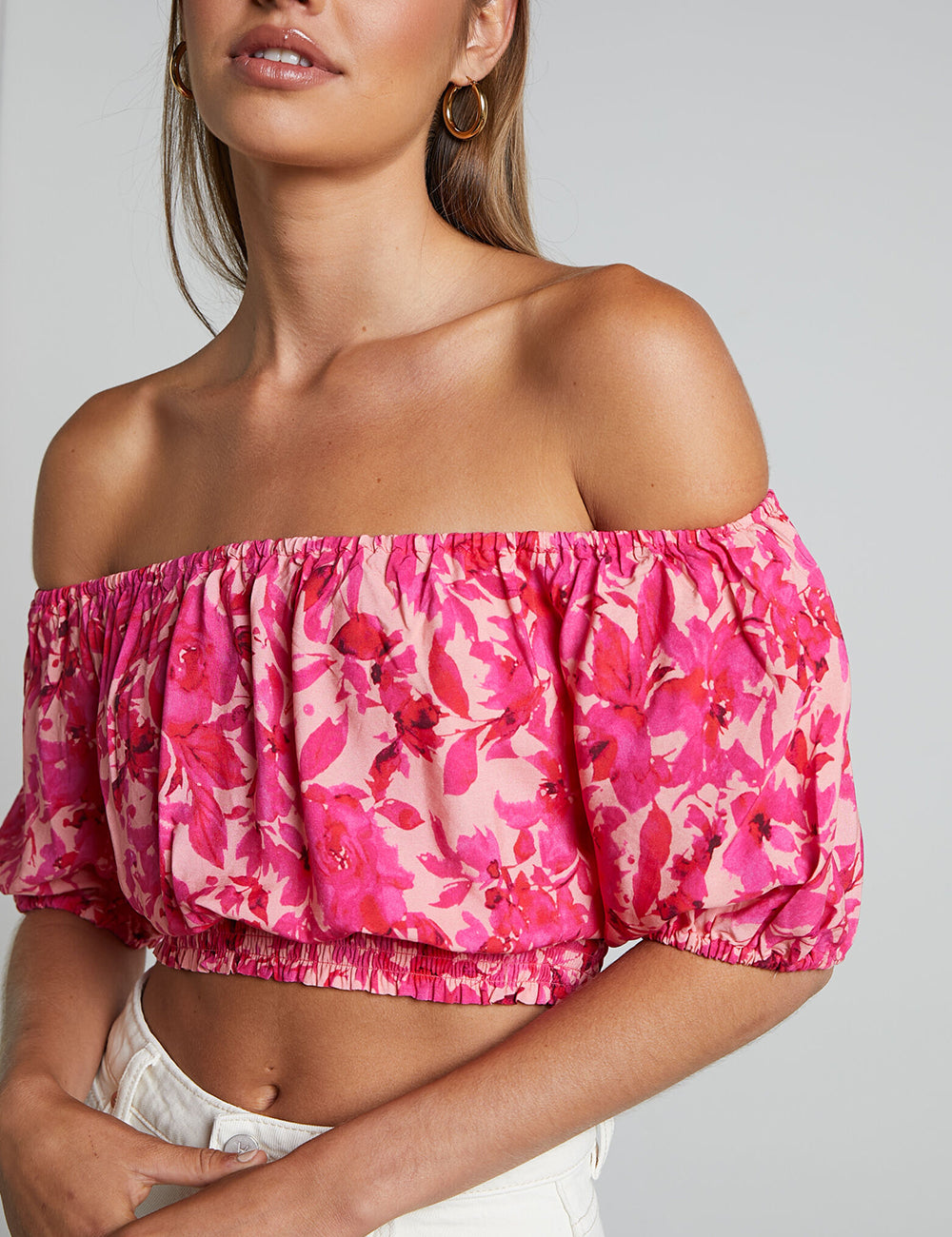 Off Shoulder Puff Sleeve Shirred Top A Pink Blummen