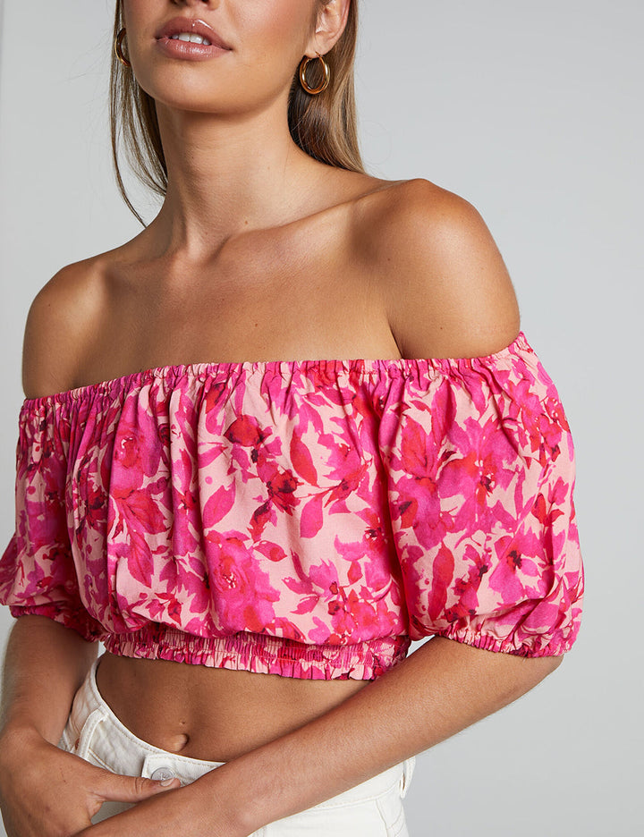 Off Shoulder Puff Sleeve Rynket Top I Pink Floral