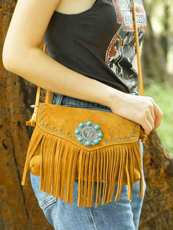 Turquoise Concho Magnetic Closure Flap Leather Bag
