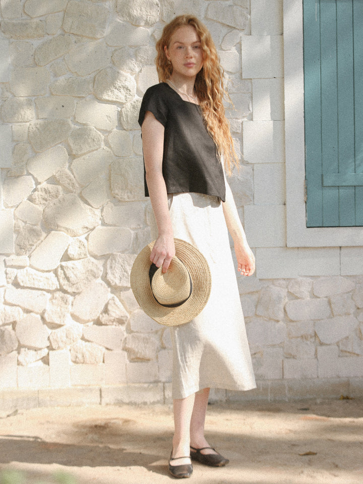 Λινό τετράγωνο λαιμό Loose Cropped Top