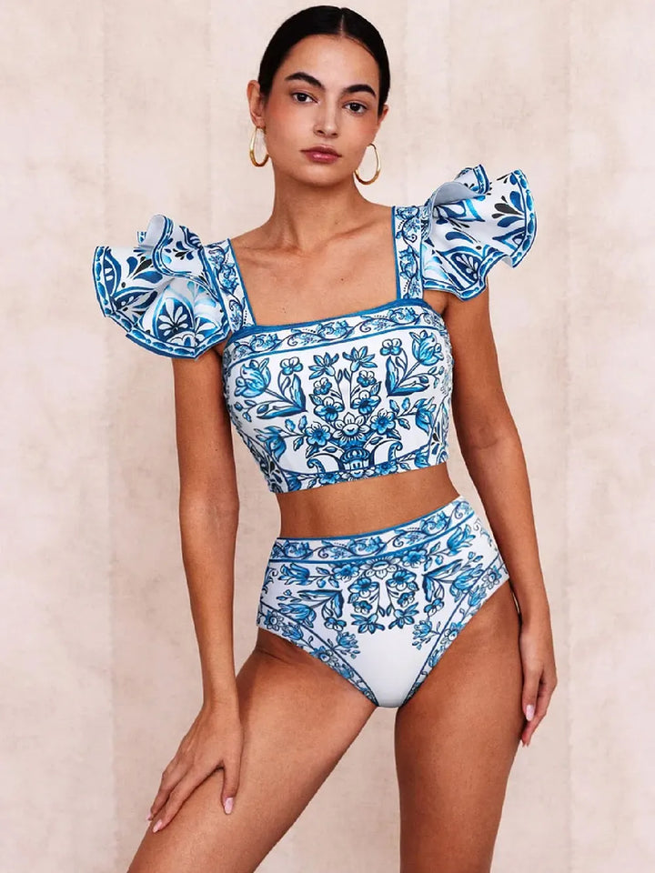 Ruffle blå og hvit porselen mønster Majolica Print Bikini badedrakt