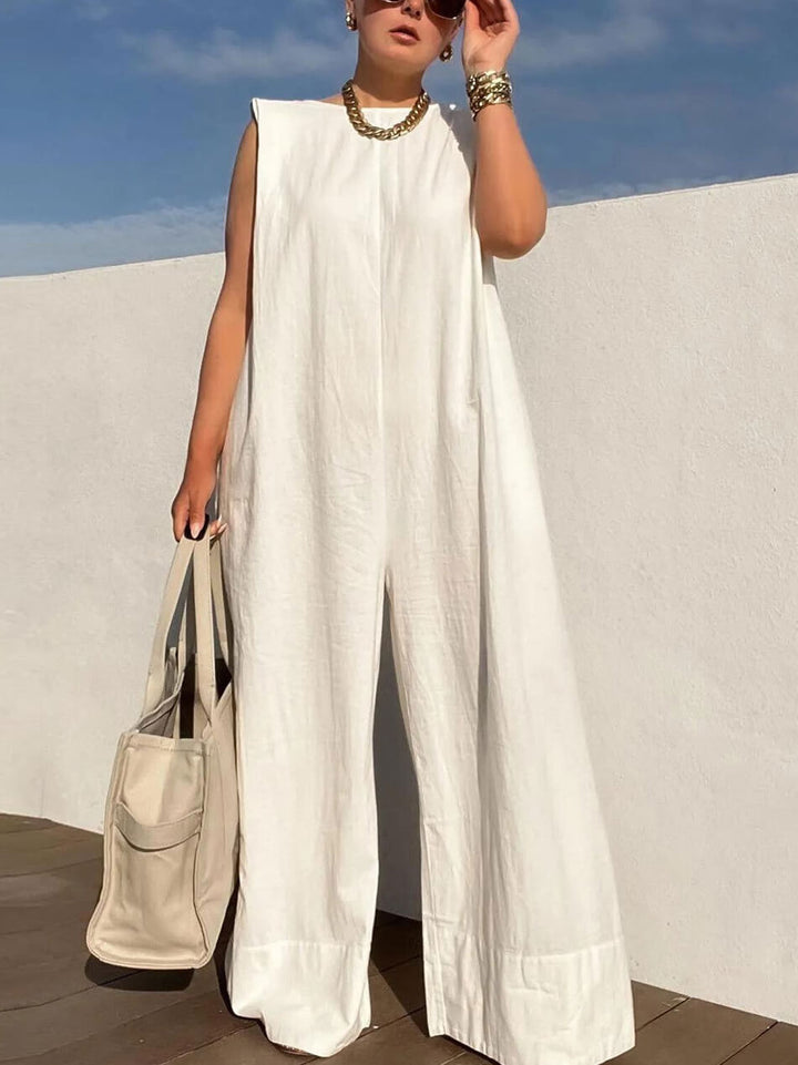 Solid Color Loose Casual Sleeveless Round Neck Wide Leg Trousers Jumpsuit