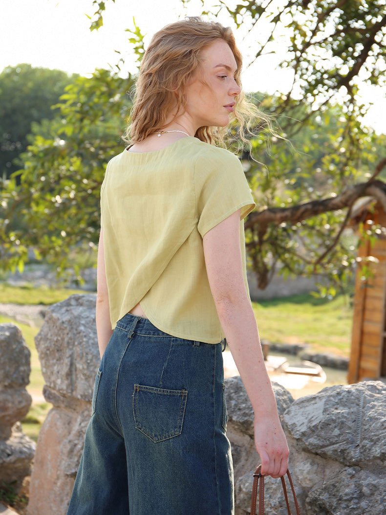 Linen Square Neck Loose Cropped Top