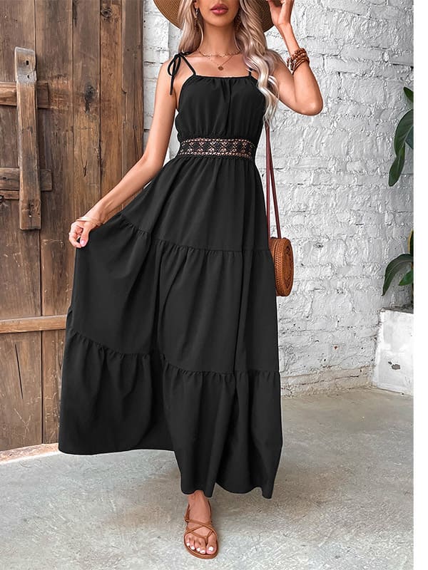 Vestido casual de cor sólida com cintura vazada