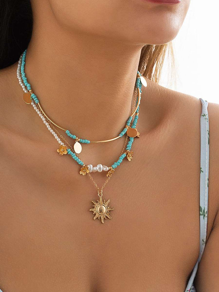 3pcs Sun & Floral Faux Pearl Beaded Necklace