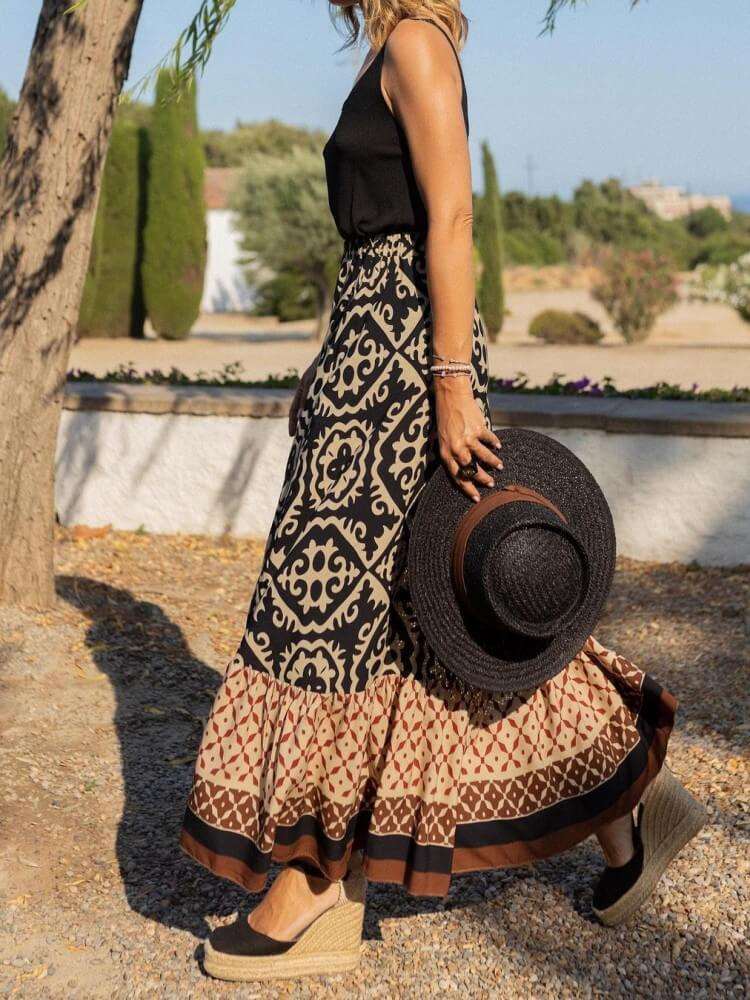 Baroque Tribal Print Boho Maxi Skirt In Black