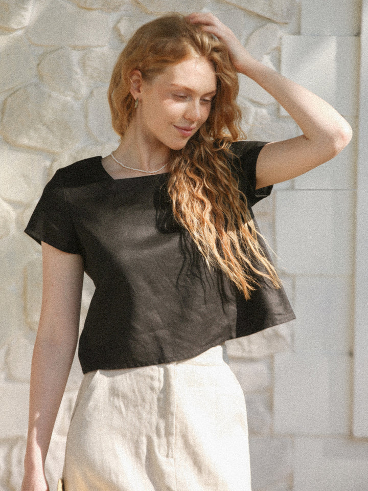 Λινό τετράγωνο λαιμό Loose Cropped Top