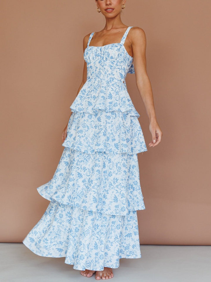 Warstwowa sukienka midi Provence Bloom – kwiatowy niebieski