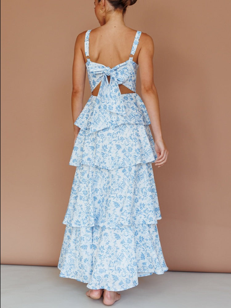 Provence Bloom Tiered Midi Dress - Floral Blue