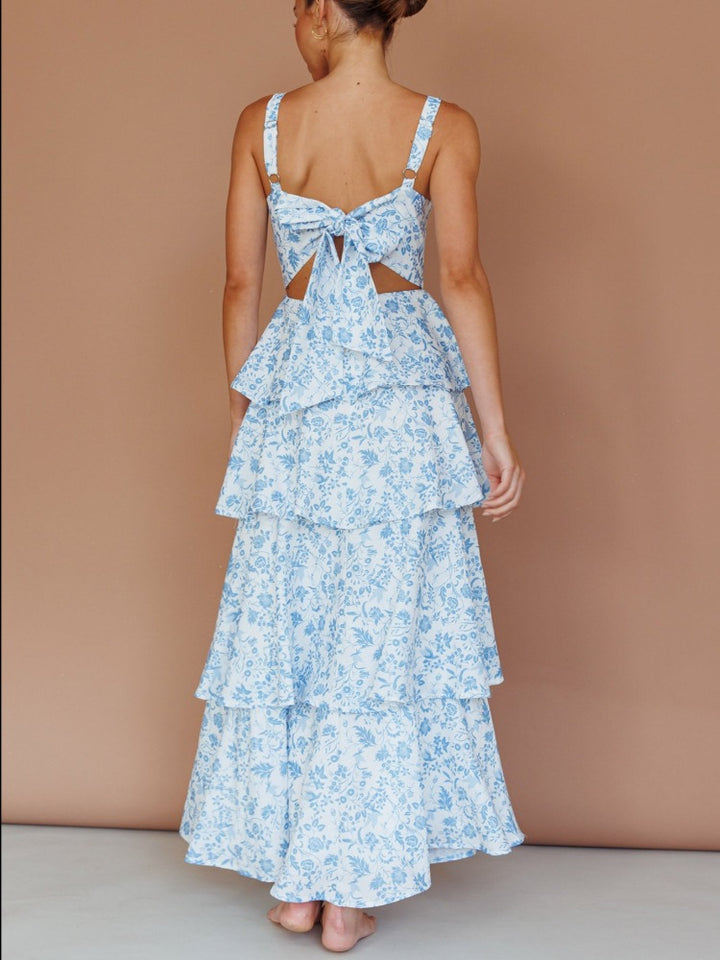 Provence Bloom Tiered Midi Dress - Floral Blue