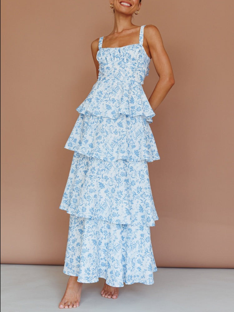 Warstwowa sukienka midi Provence Bloom – kwiatowy niebieski