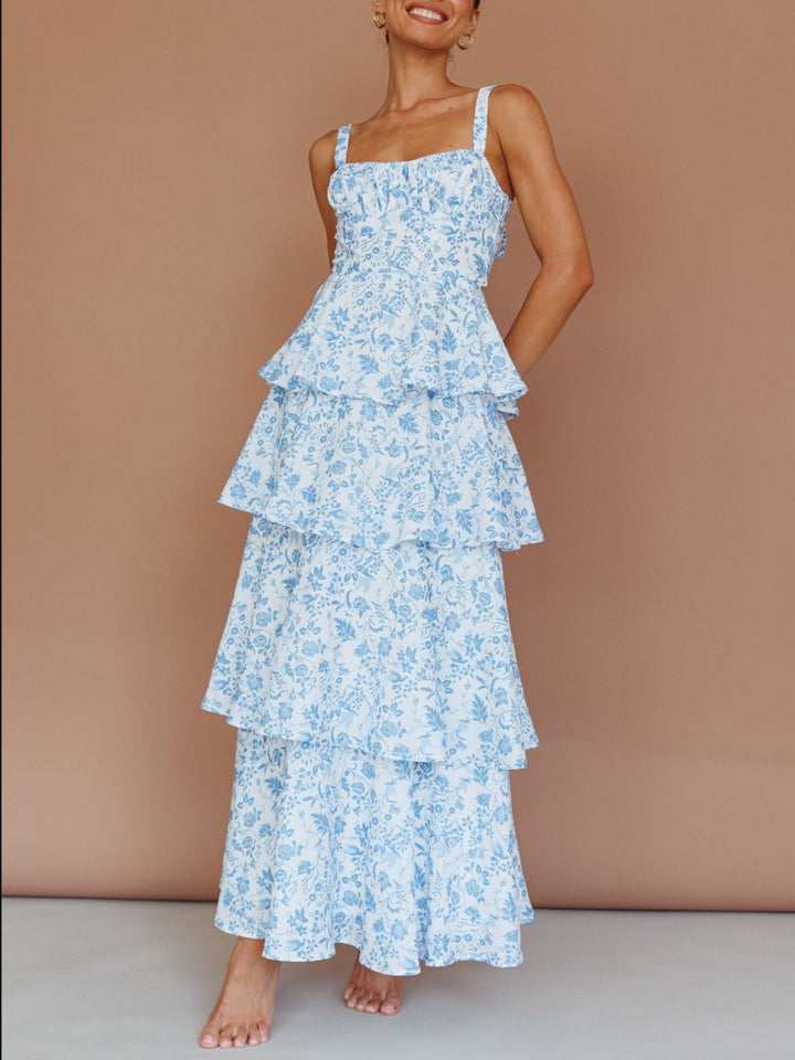 فستان بروفانس بلوم متوسط الطول بطبقات - أزرق زهري
