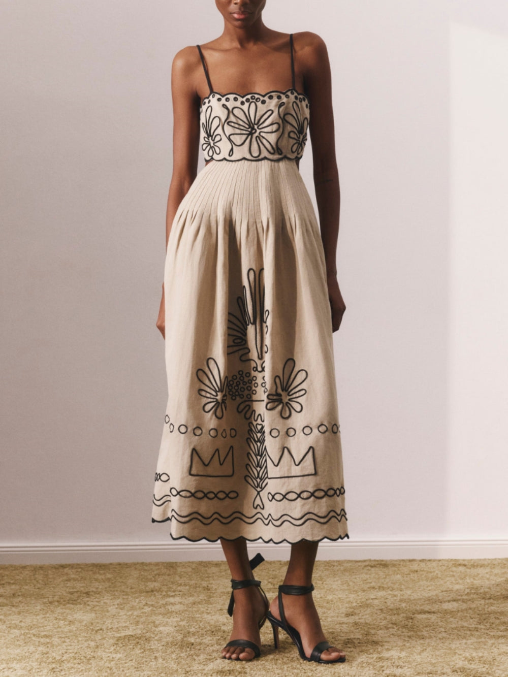 Yaz Desen Askılı Midi Elbise