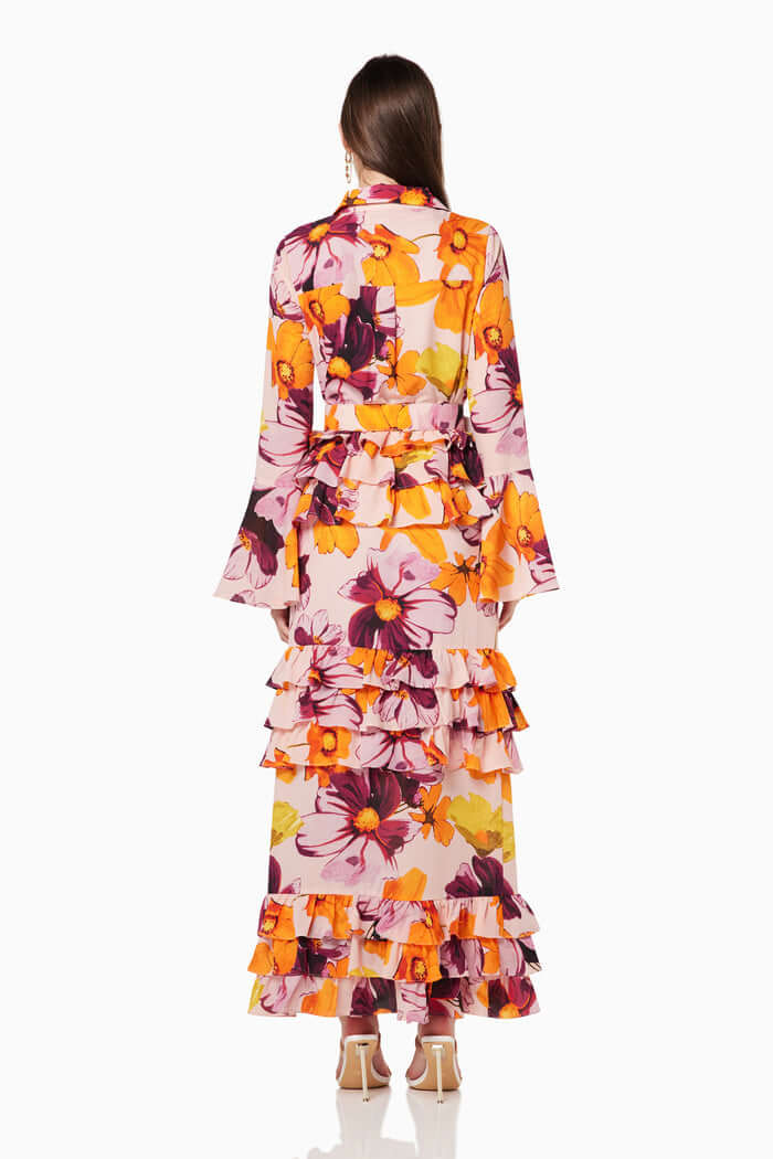 Robe longue chemise à imprimé floral et gâteau à volants