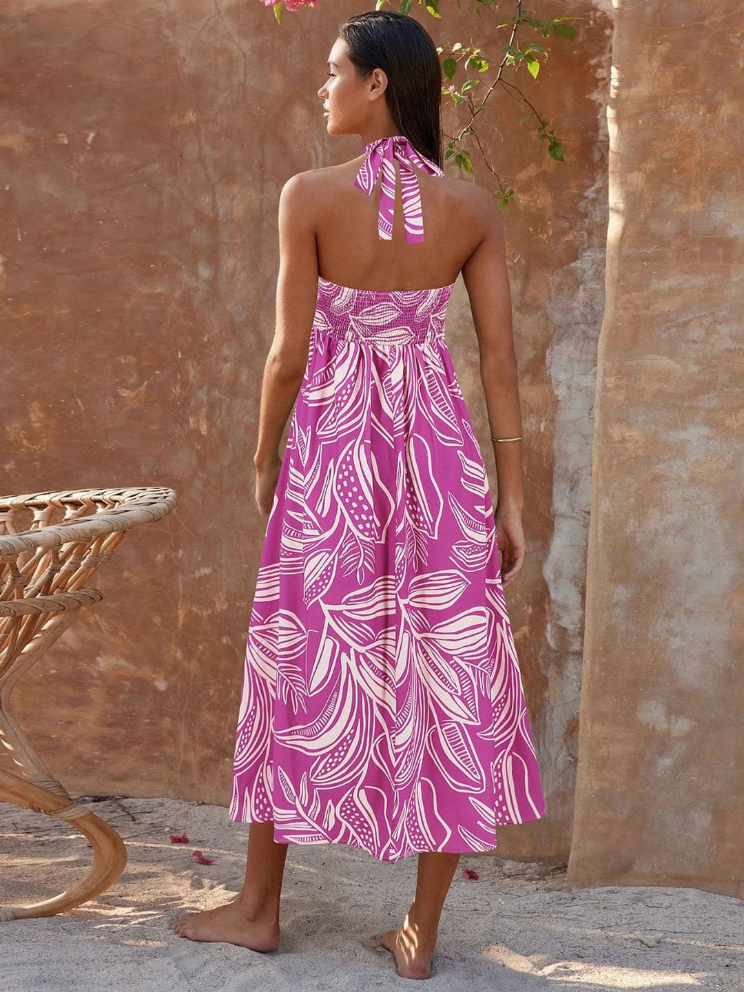 Loral Print Halter Maxi šaty-růžové