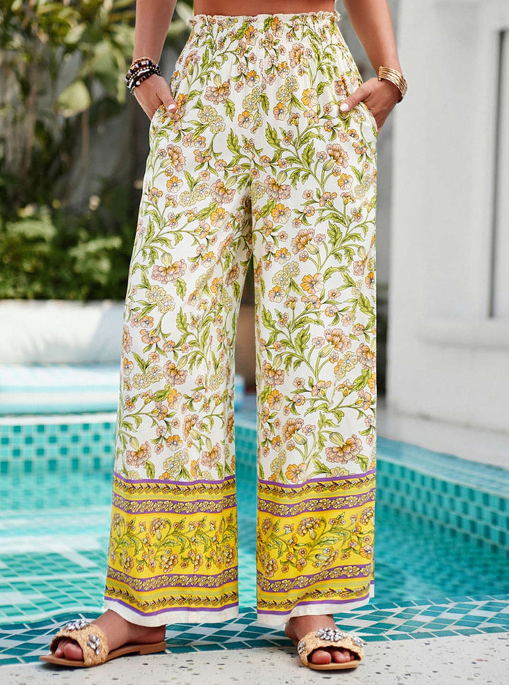 Pantalon large taille haute à imprimé floral