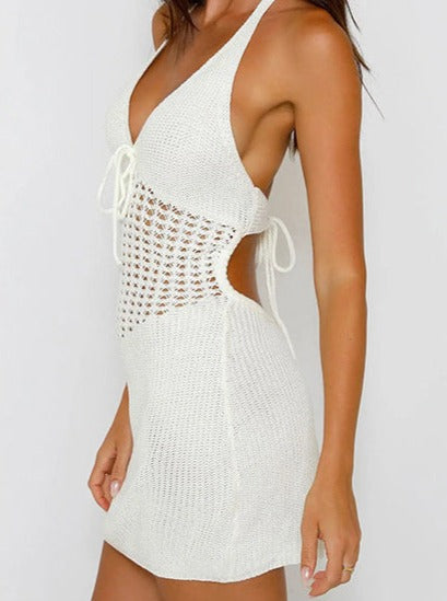 Halter Crochet Taille Backless Knit Mini Kleed