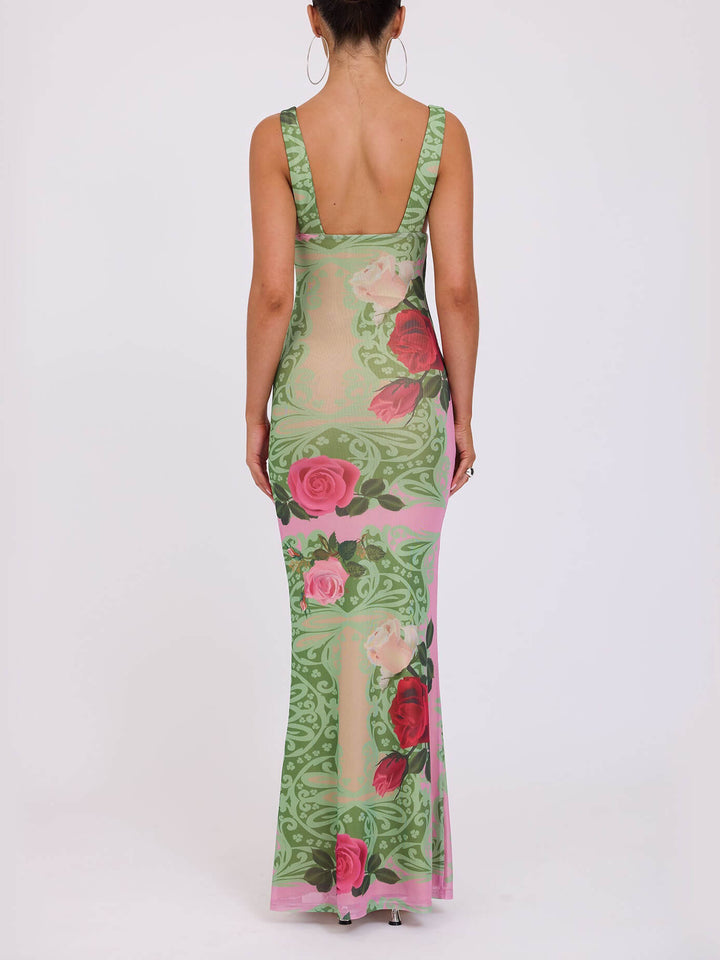 Sukienka maxi z kontrastowym nadrukiem w róże i dekoltem w szpic