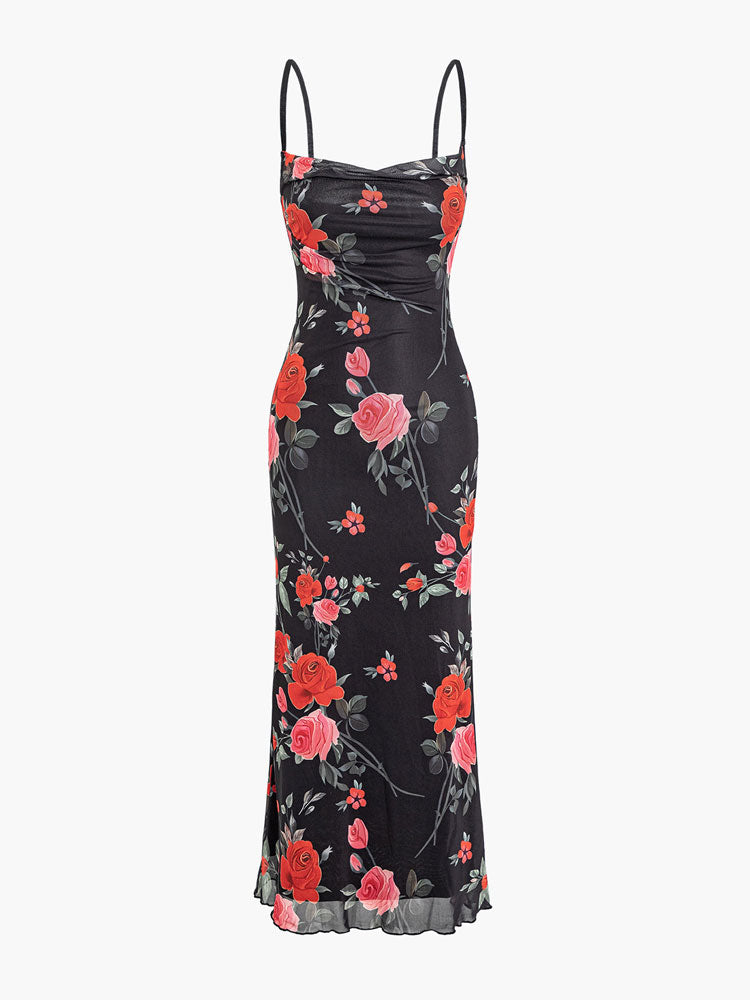 فستان ماكسي بطبعات زهور وحمالات سباغيتي شبكية