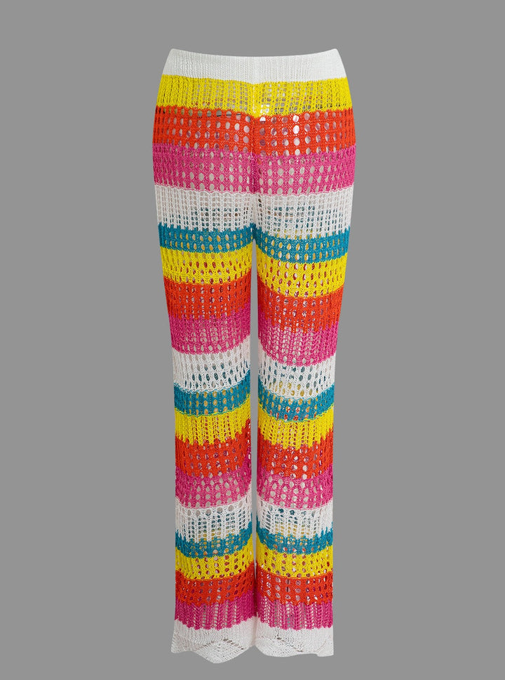 Pantaloni in maglia con coulisse scavati all'uncinetto a blocchi di colore