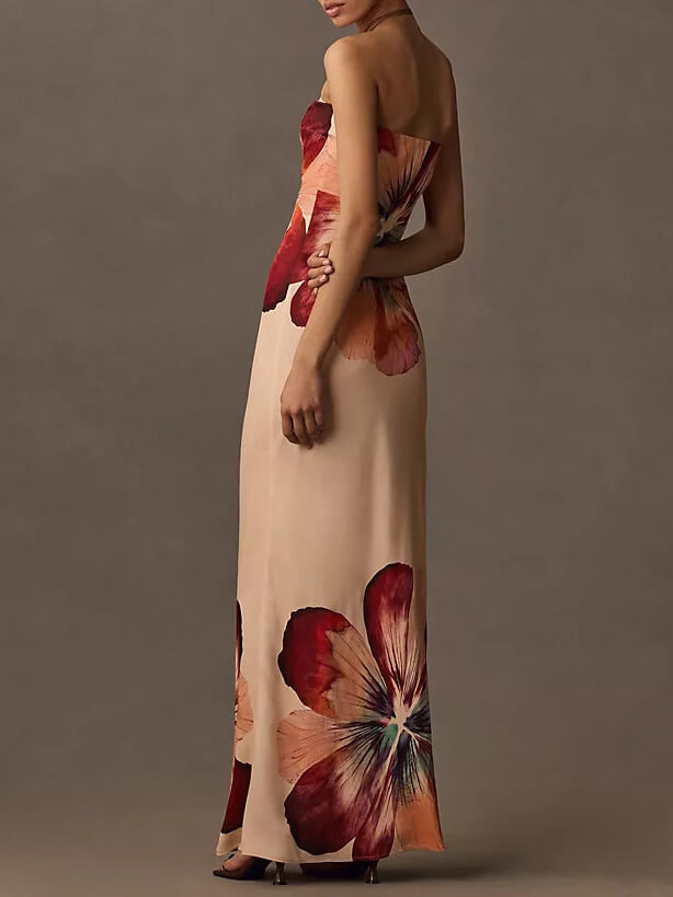 패셔너블한 프린트 섹시 튜브탑 슬림핏 미디 드레스